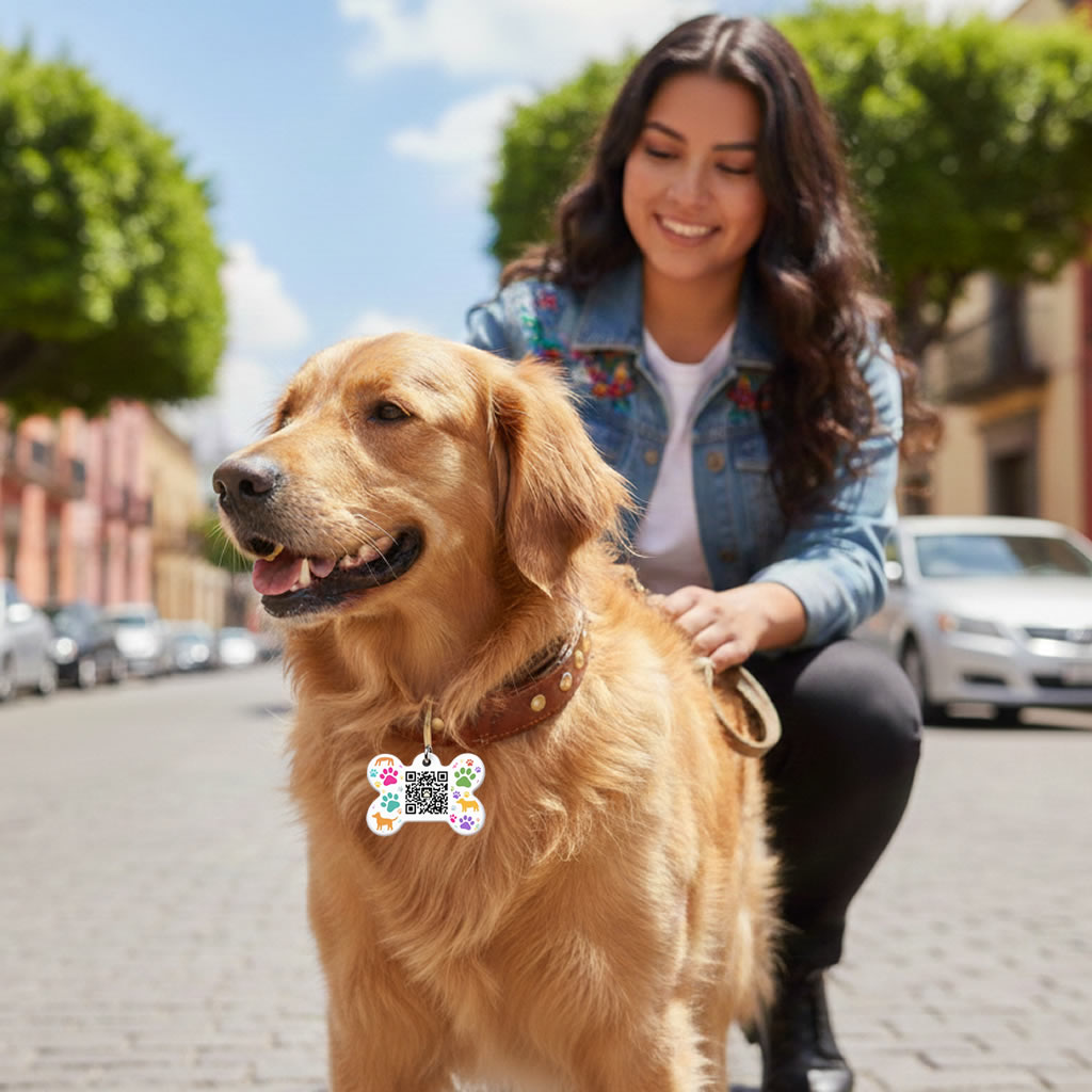 Mujer con perro con placa QR Help MI